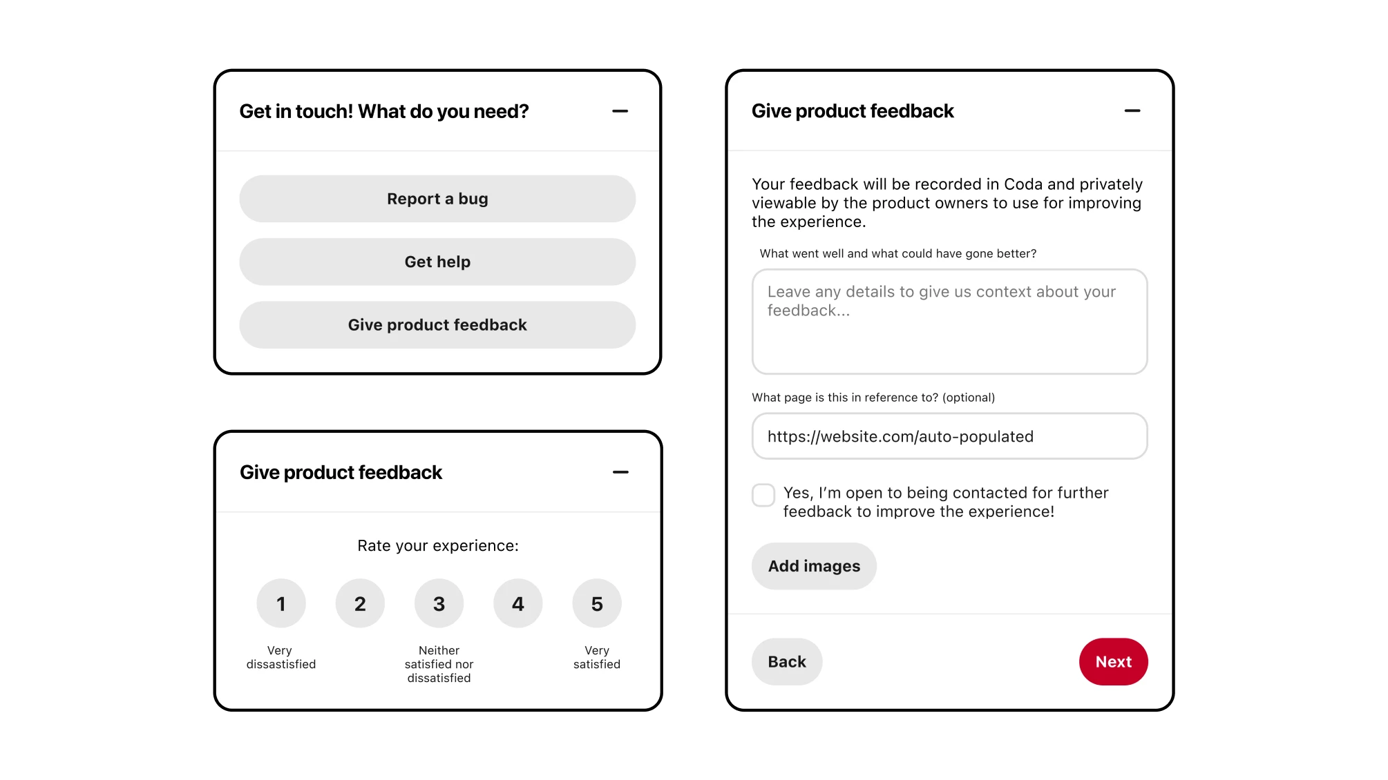 Mocks for a feedback widget that starts off with a short questionnaire with options to report a bug, get help, or give product feedback. There's a widget showing a 'rate your experience' screen and a form for giving specific product feedback.