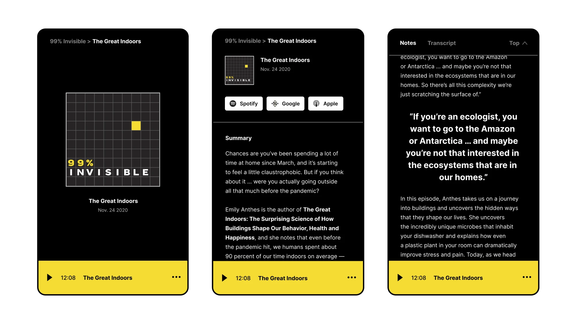 Three mocked screens showing a mobile podcast website utilizing Wistia Channels' design layout. There are variations depending on how much content is included in the episode.