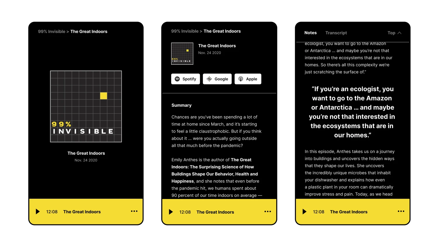 Three mocked screens showing a mobile podcast website utilizing Wistia Channels' design layout. There are variations depending on how much content is included in the episode.