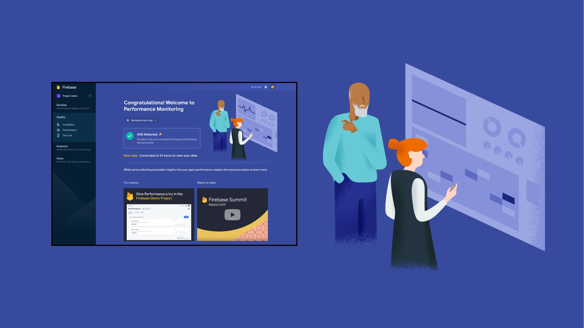 Mocks showing an illustration for Firebase that was used on the website once someone had uploaded their SDK.
