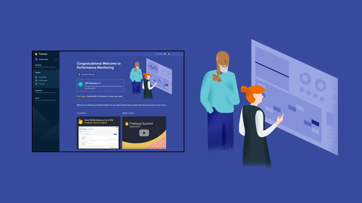 Mocks showing an illustration for Firebase that was used on the website once someone had uploaded their SDK.