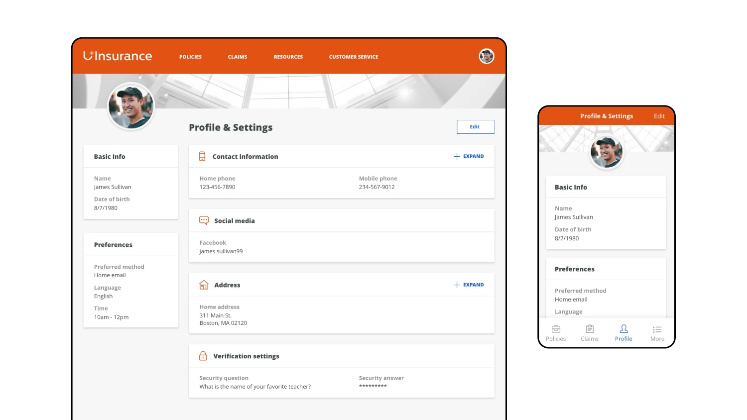 Mocks showing a profile & settings screen for Pegasystems in both desktop and mobile formats.