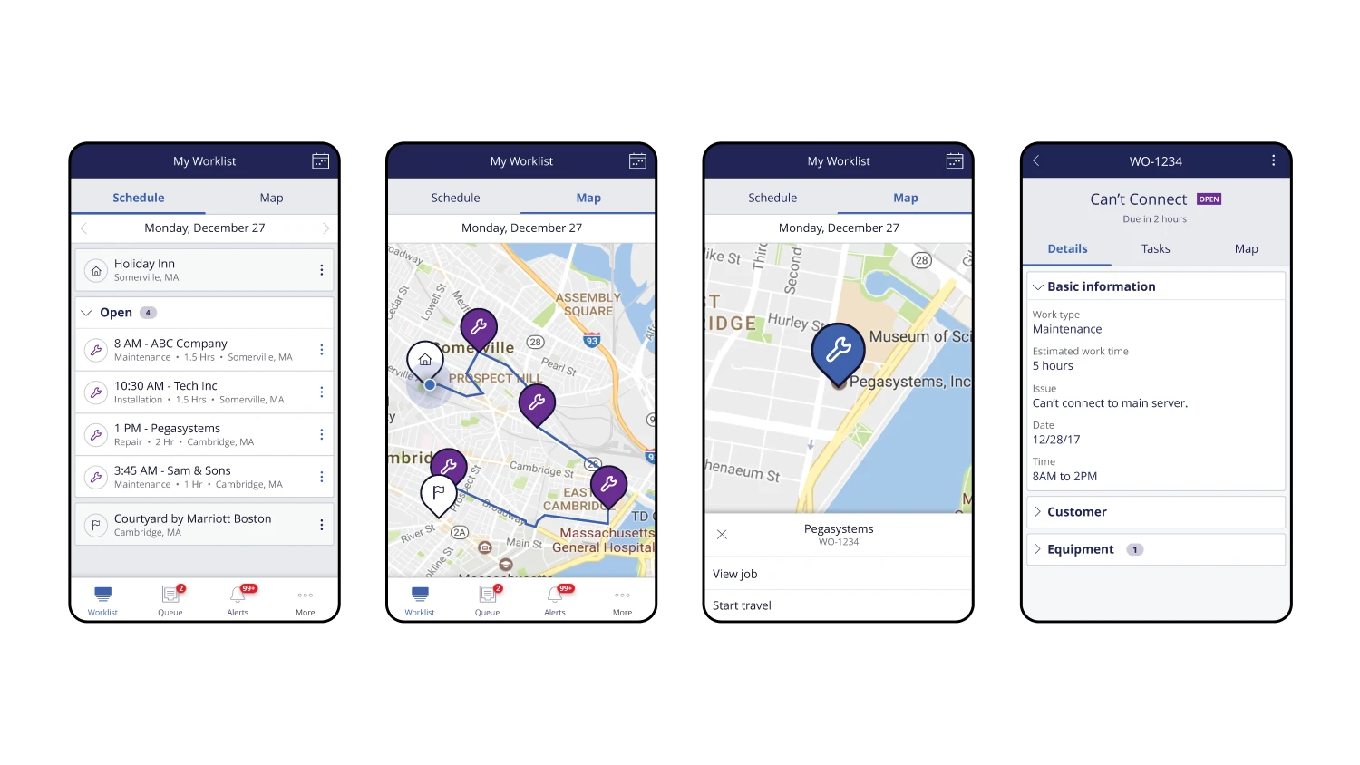 Mobile UI for Pegasystems' field service application. There are screens for a field worker's schedule, a map of jobs, and an informational screen pertaining to a specific job.
