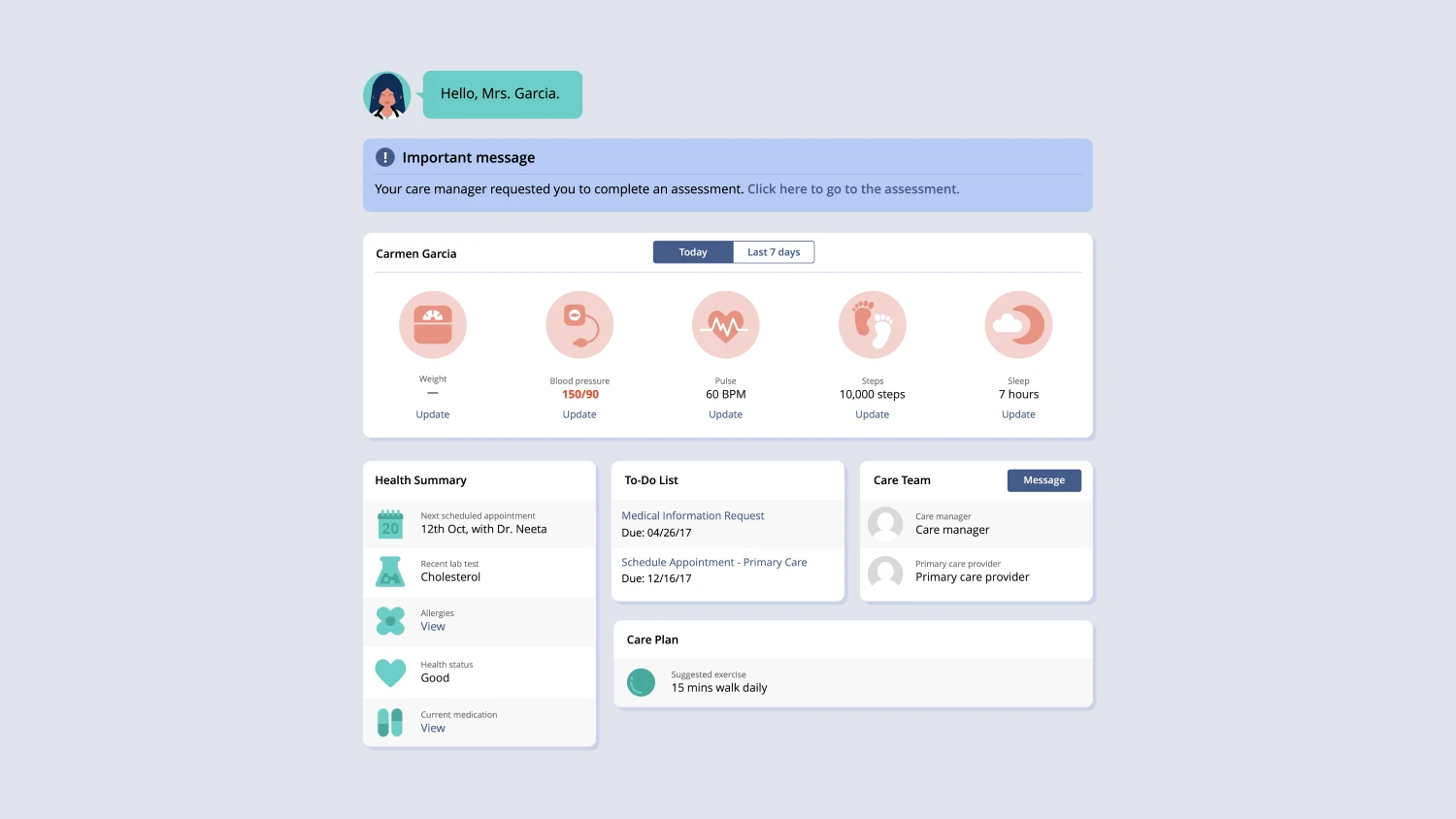 A dashboard for a health portal that utilizes vector illustration for icons. There are cards for a health overview with health stats as well as a health summary, to-do list, care team and care plan.