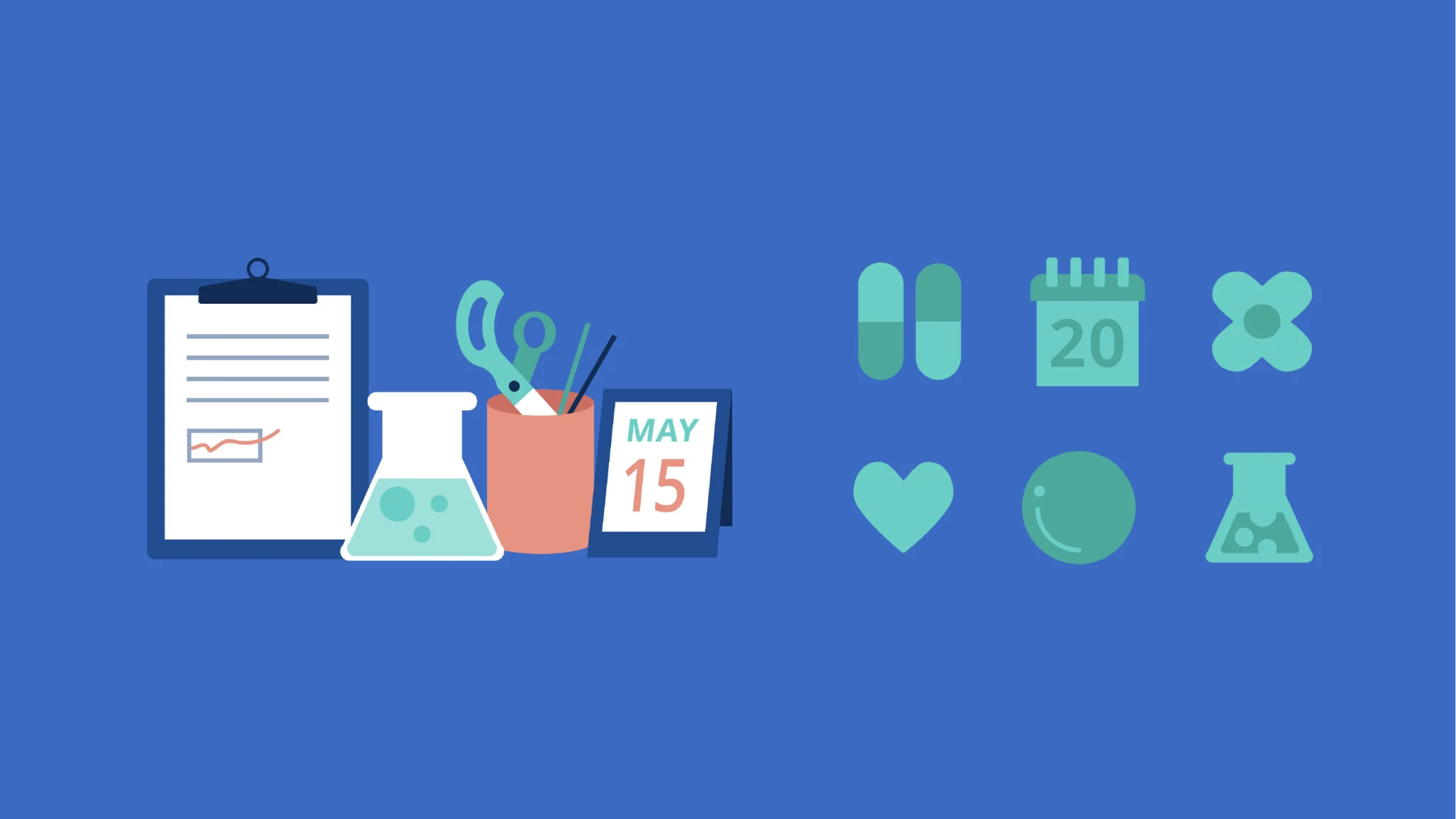 Spot illustrations for Pegasystems' health portal including various items (a clipboard, lab flask, pencil jar with scissors and a calendar. There are also icons depicting pills, a calendar, a flower, heart, ball (exercise) and a lab flask.