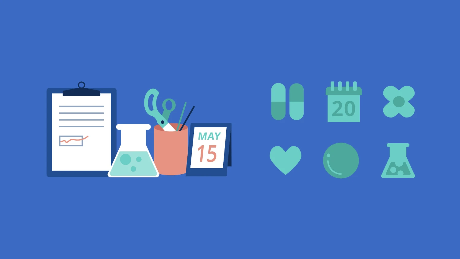 Spot illustrations for Pegasystems' health portal including various items (a clipboard, lab flask, pencil jar with scissors and a calendar. There are also icons depicting pills, a calendar, a flower, heart, ball (exercise) and a lab flask.
