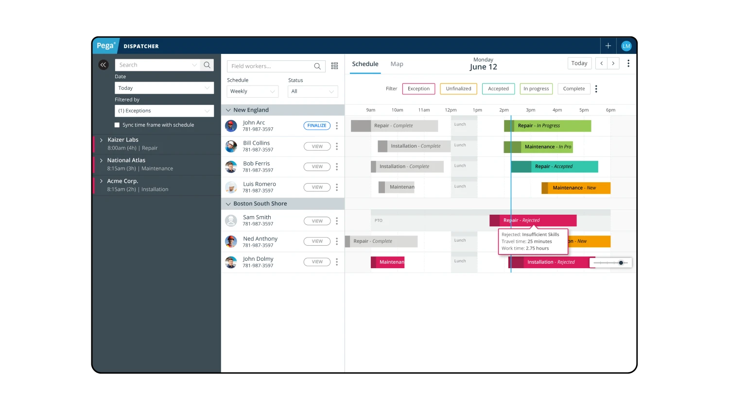 UI for Pegasystems' Dispatcher Portal that allows a field manager to schedule work for multiple workers at the same time on a calendar view.