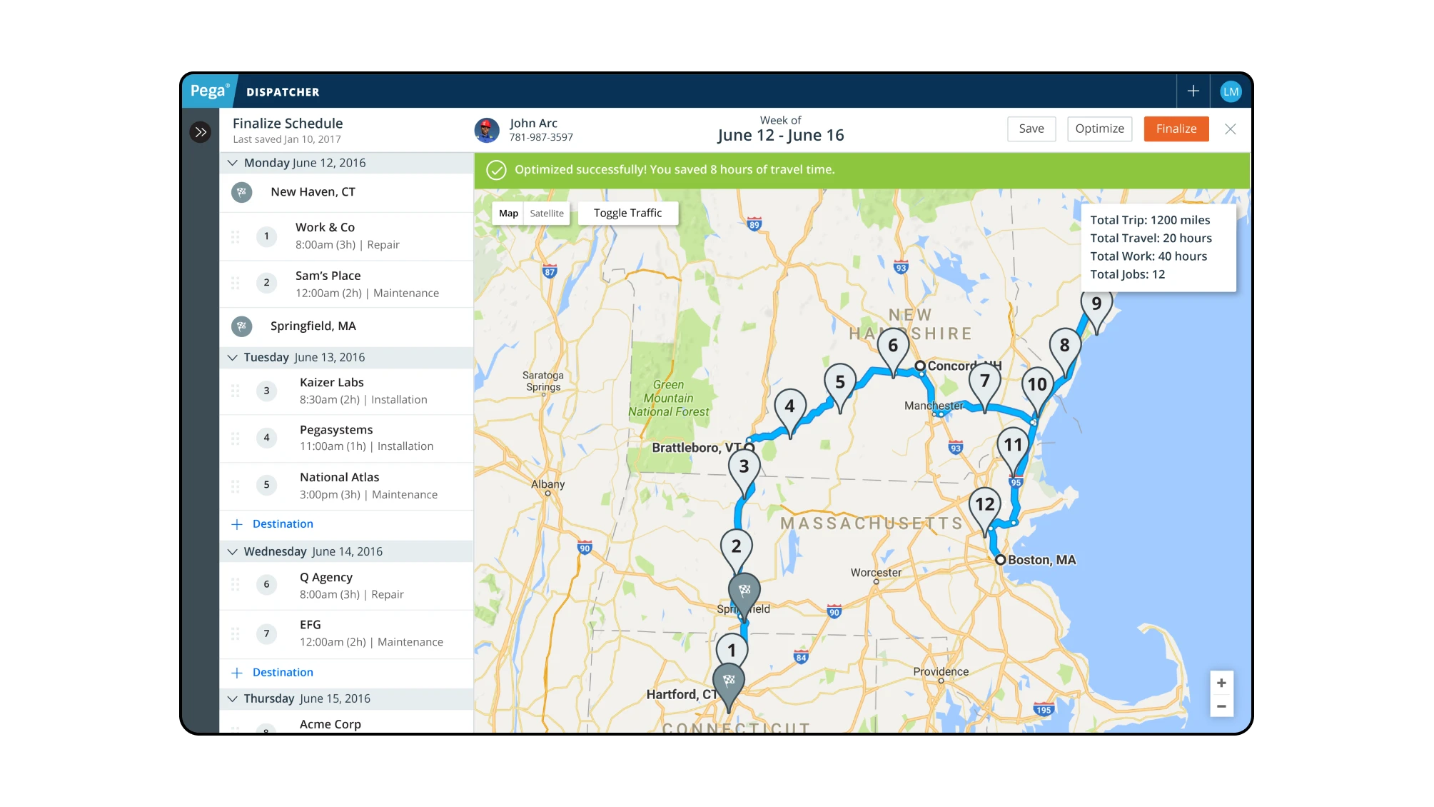 UI for Pegasystems' Field Dispatcher showing the map view which has different pins to represent different jobs on a route spanning multiple days.