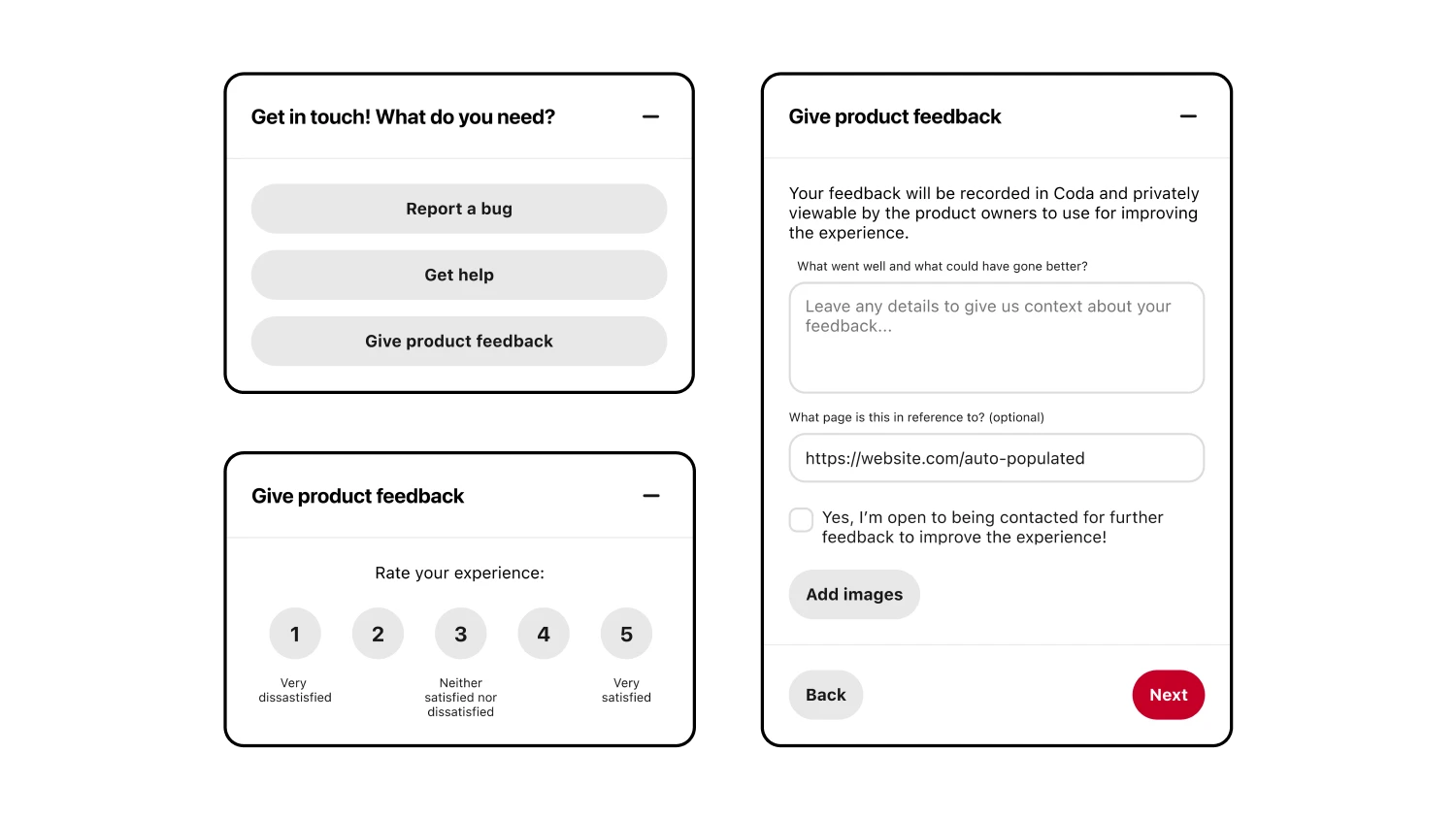 Mocks for a feedback widget that starts off with a short questionnaire with options to report a bug, get help, or give product feedback. There's a widget showing a 'rate your experience' screen and a form for giving specific product feedback.
