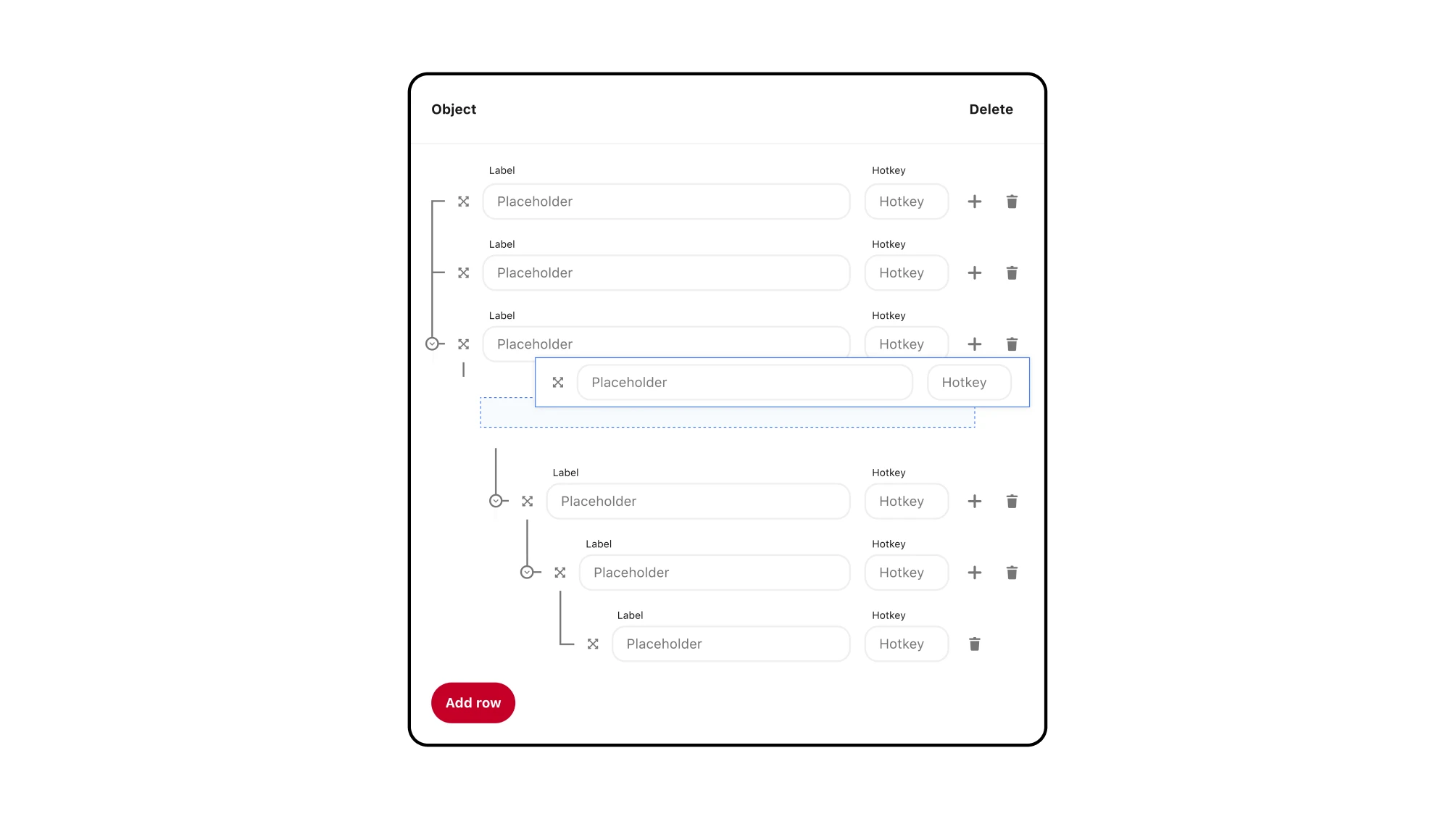 A expandable widget for customizing hotkeys with specific labels with the ability to nest within labels.