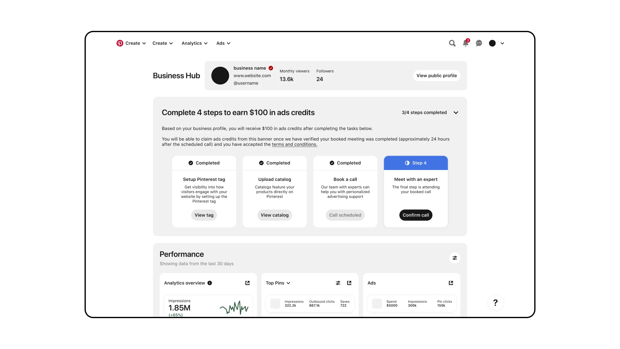 Pinterest's Business Hub with a onboarding widget that encourages completion of set-up to gain free ads credits.