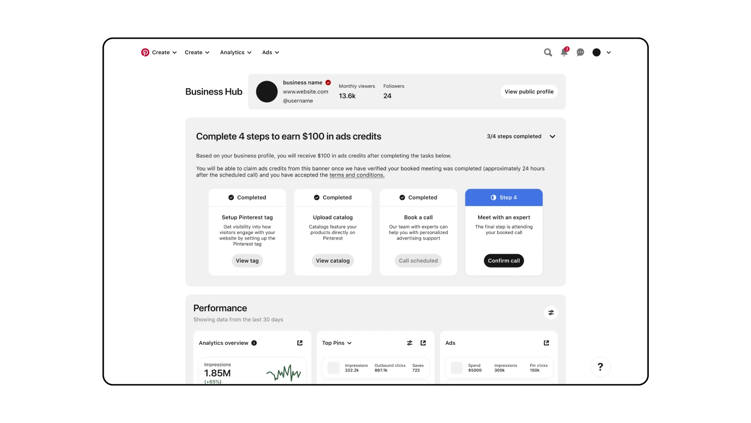 Pinterest's Business Hub with a onboarding widget that encourages completion of set-up to gain free ads credits.