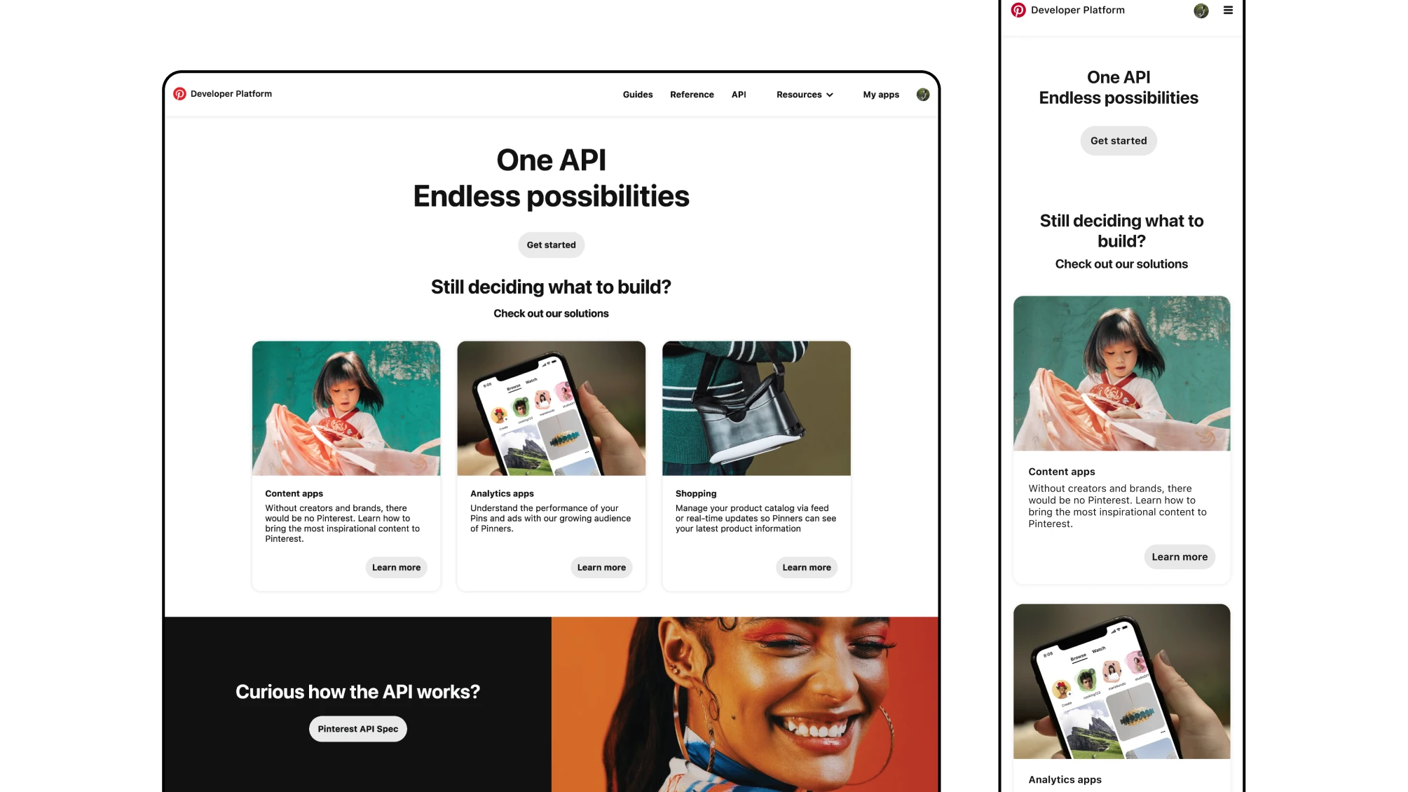 Screenshots of a revised website design for Pinterest's Developer website showing the desktop and responsive mobile version of the website.