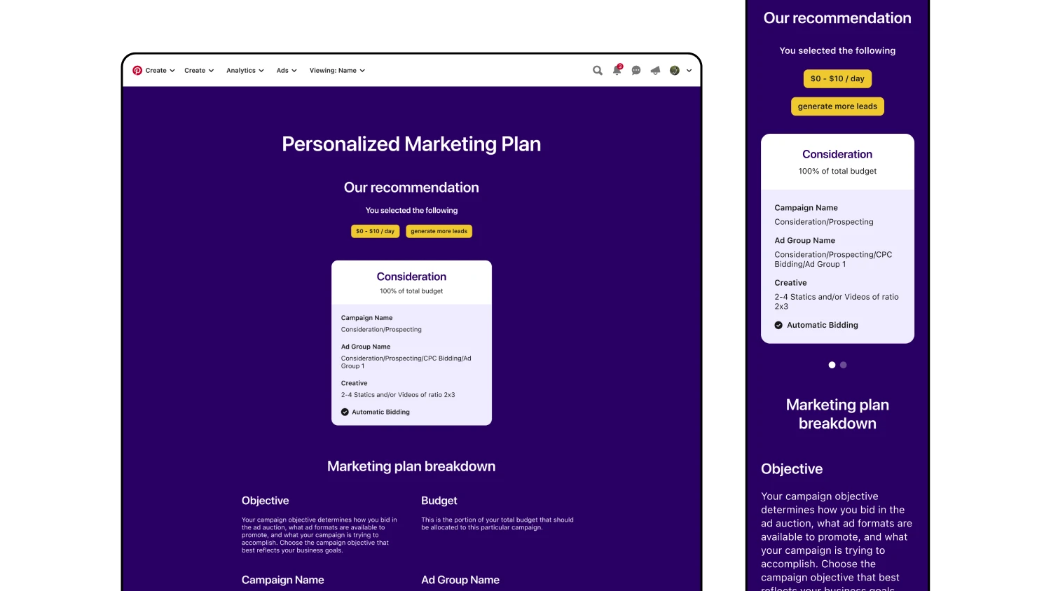 Website design mocks (desktop and mobile) for a Personalized Marketing Plan for Pinterest's ad platform. There is a recommendation on top and explanation below.