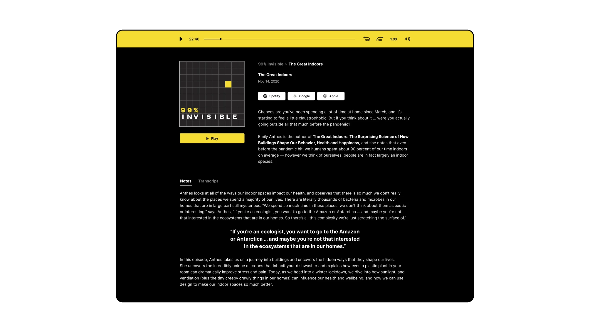 A mock showing a Wistia Channels page for a podcast episode with the audio player on top and all the information about that episode below including notes and a transcript.