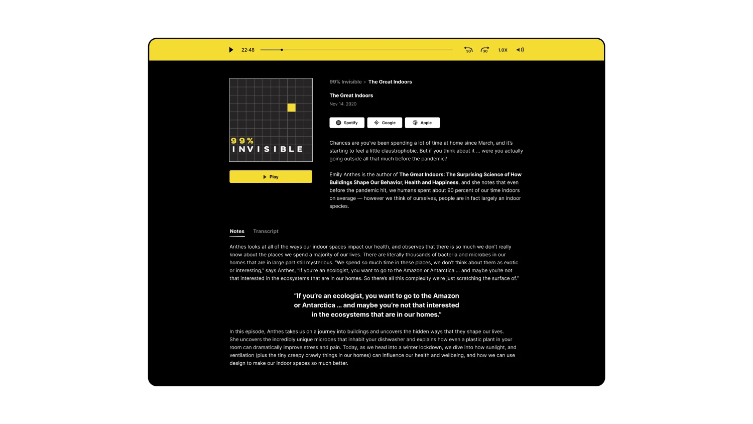 A mock showing a Wistia Channels page for a podcast episode with the audio player on top and all the information about that episode below including notes and a transcript.
