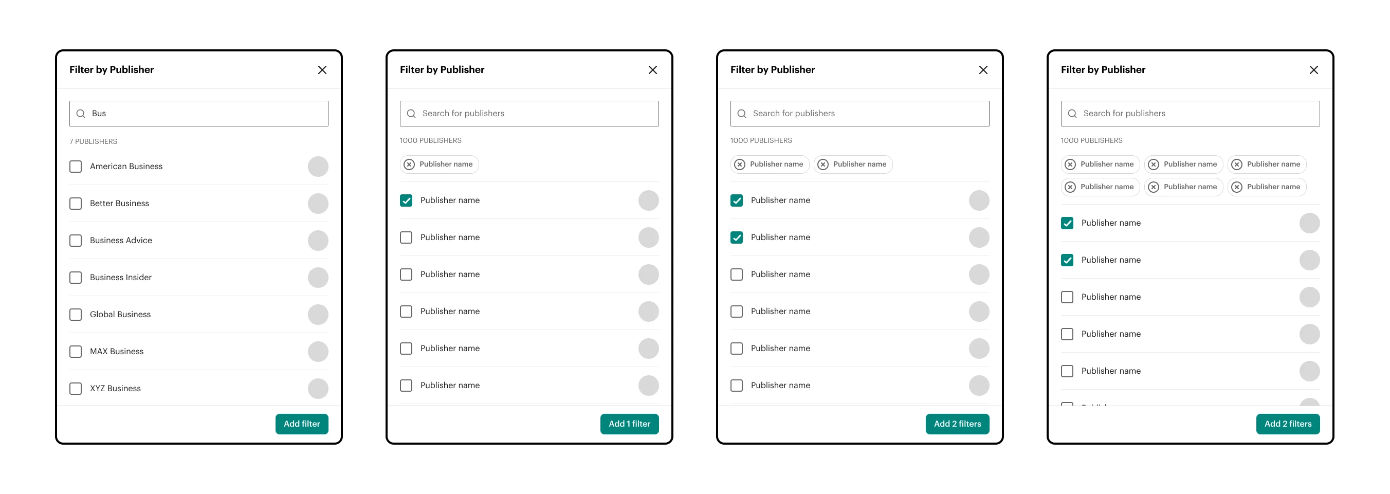 Modal screens showing options to filter Pocket content by multiple publishers