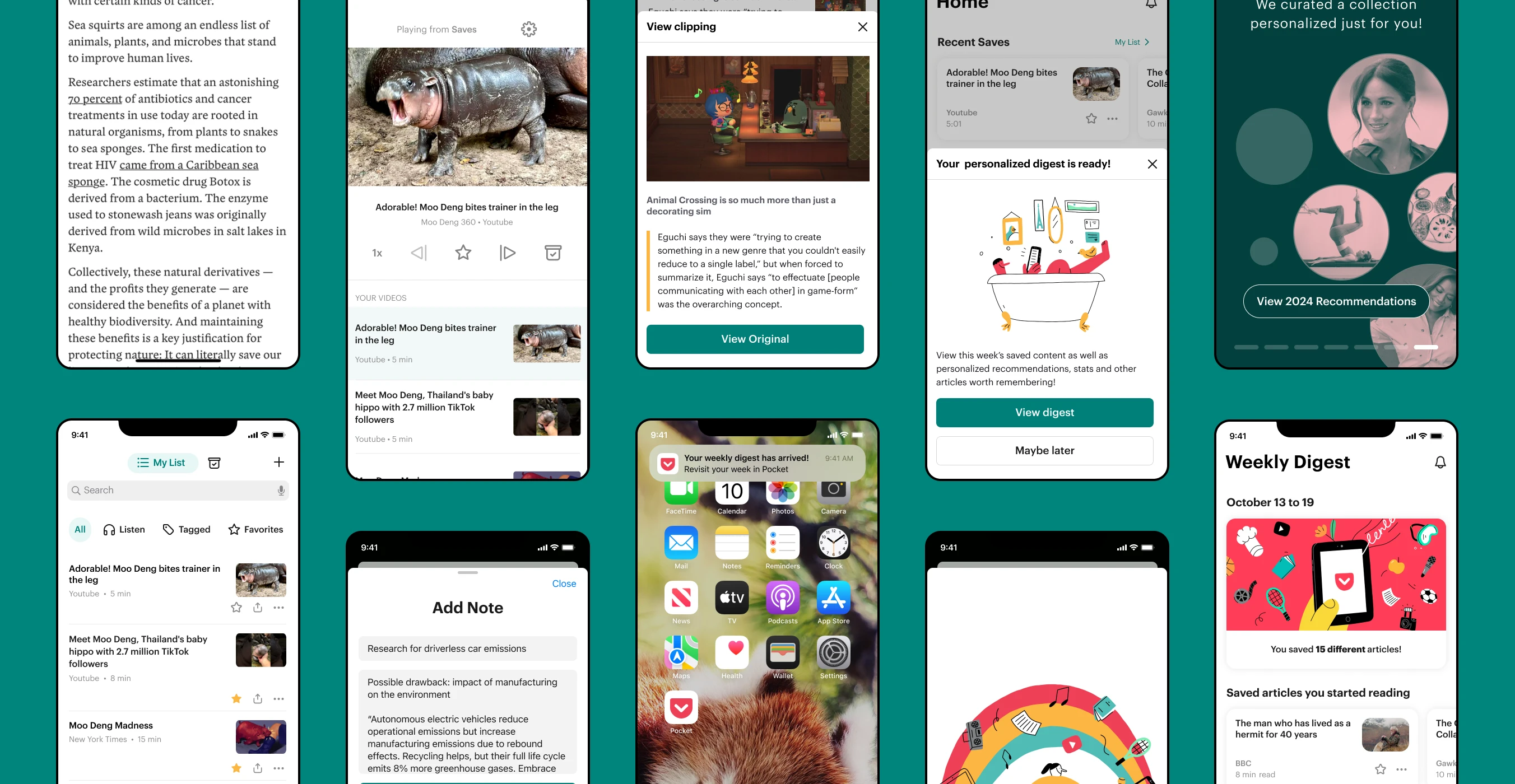 Various screens of the Pocket mobile user interface