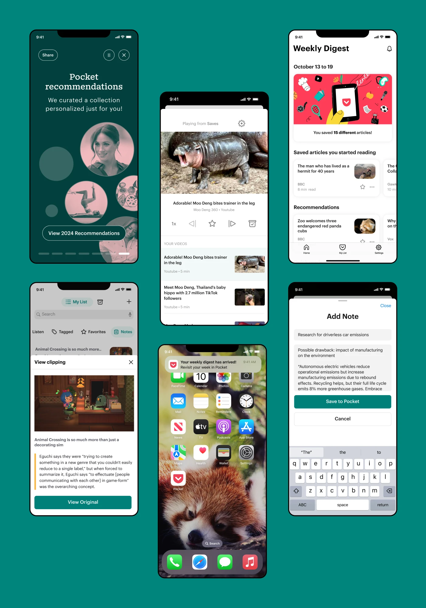 Various screens of the Pocket mobile user interface
