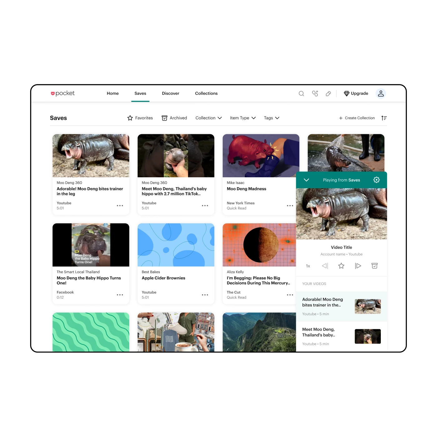Pocket 'Saves' screen with saved content overlaid with a playlist widget for playing video content inside of Pocket